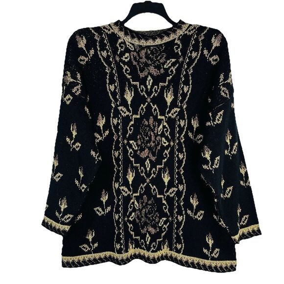 Just for Woman Knit Black Sweater Gold Metallic Floral Size 2X Long Sleeves - Picture 1 of 4